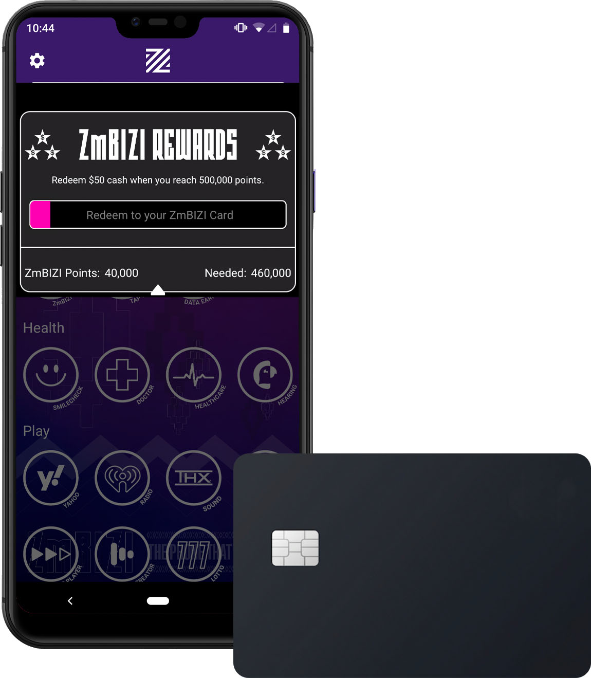 The ZmBIZI phone displaying rewards