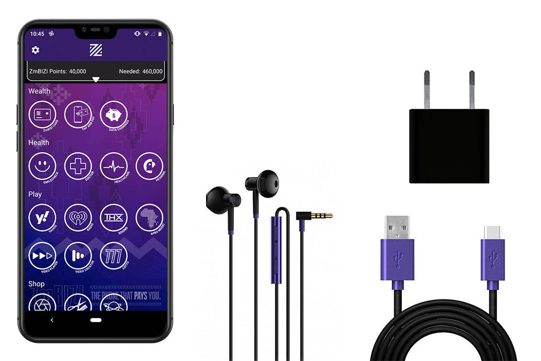 Z1 Smartphone handset, black headphones, USB charger and plug